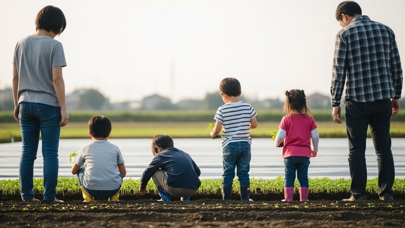 畑を見守る親子