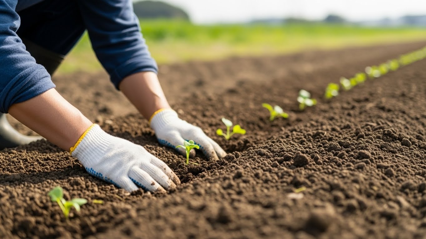 土と苗を手にする様子